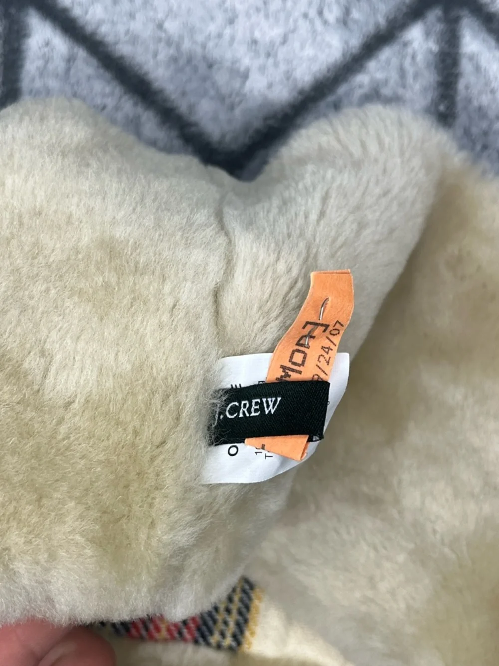 J Crew Cream Plaid Shearling Wool Fur Trim Scarf